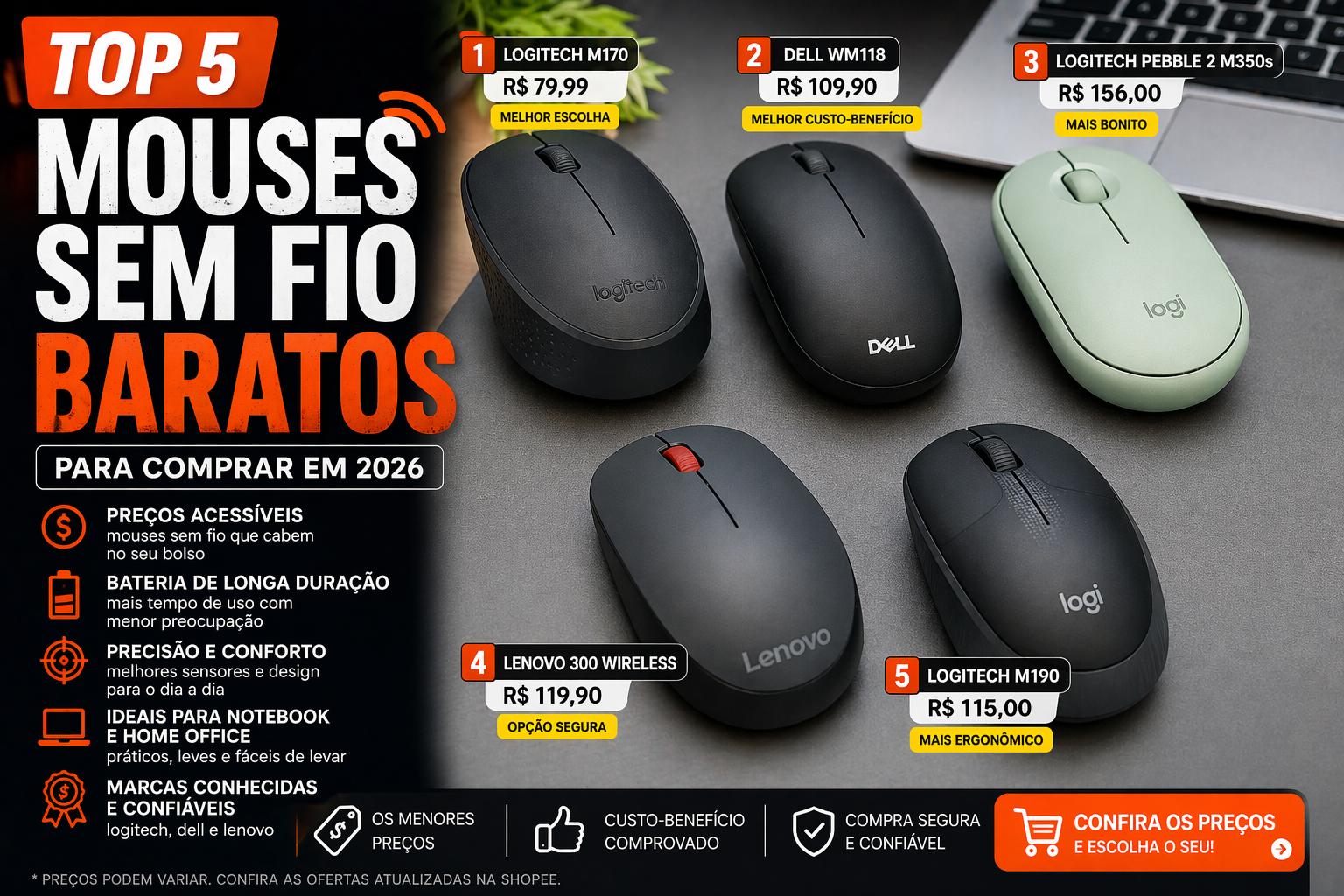 Mouses sem fio baratos para comprar em 2026