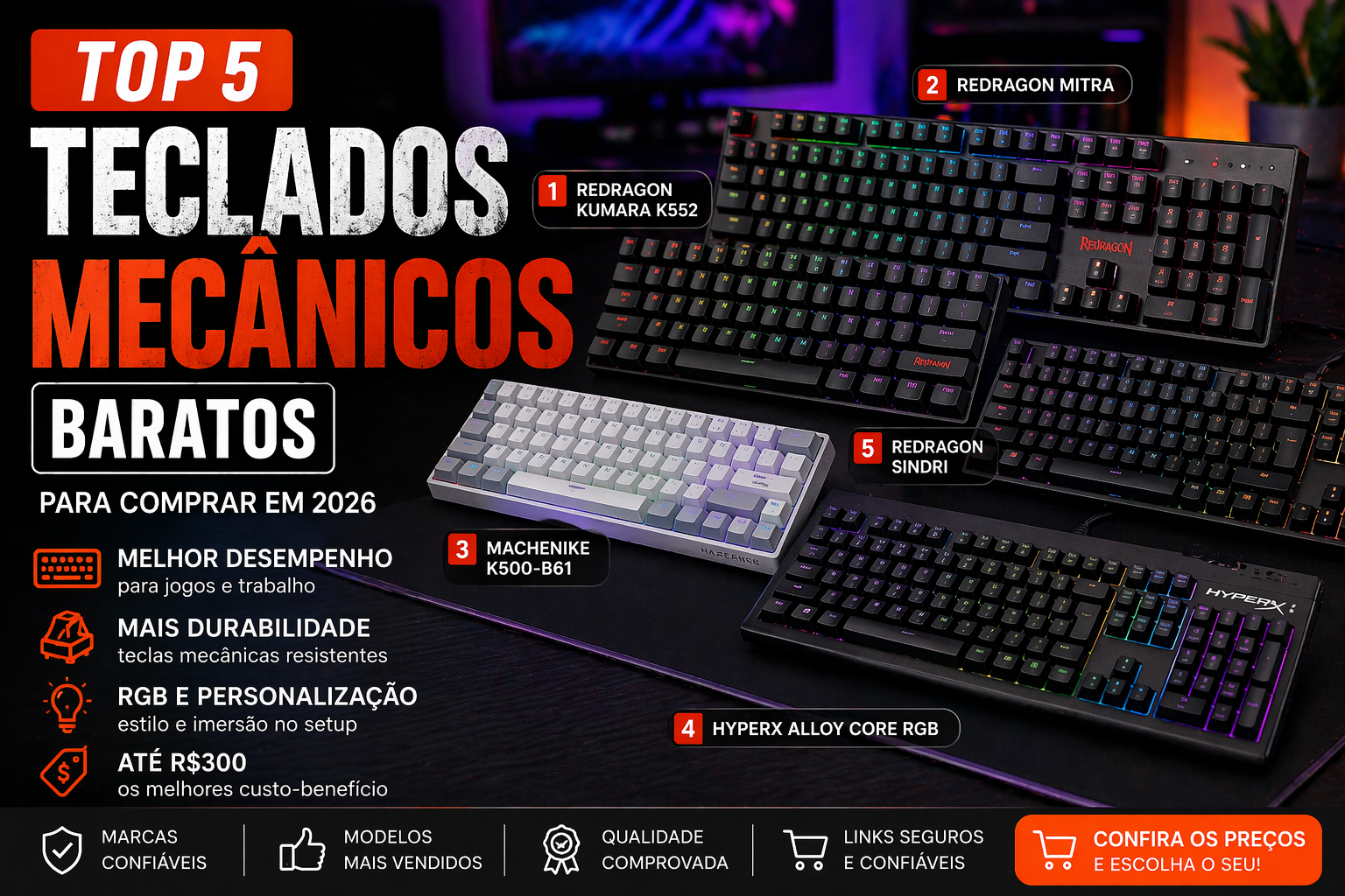 Teclados mecânicos baratos para setup em 2026
